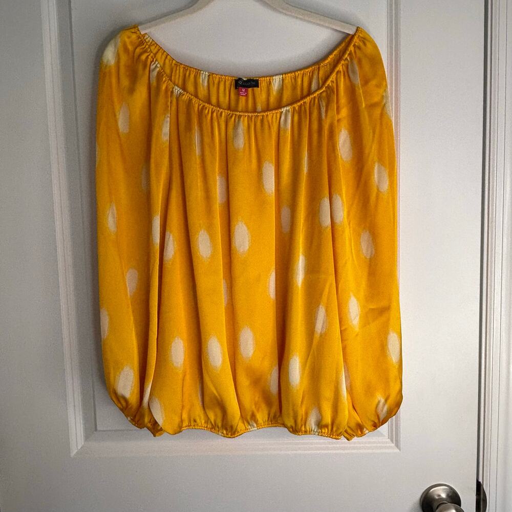 Vince Camuto Women’s Medium Gold Mustard Polka Dot Satin Blouse Balloon Sleeve